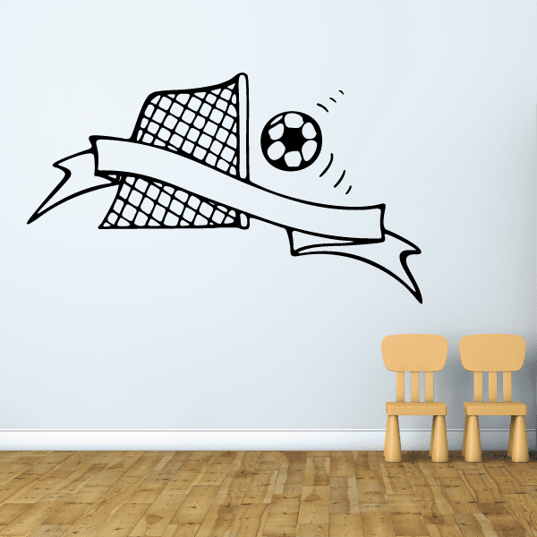 Soccer goal wall decal with net, ball, and ribbon banner