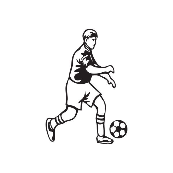 Soccer player vinyl wall decal, black outline of footballer kicking a ball