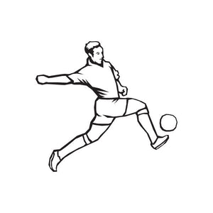 Soccer player vinyl wall decal, black silhouette mid-kick with ball outline