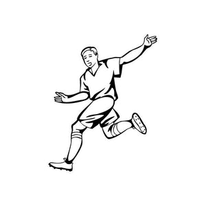 Soccer wall decal of a black soccer player mid-kick with arms outstretched
