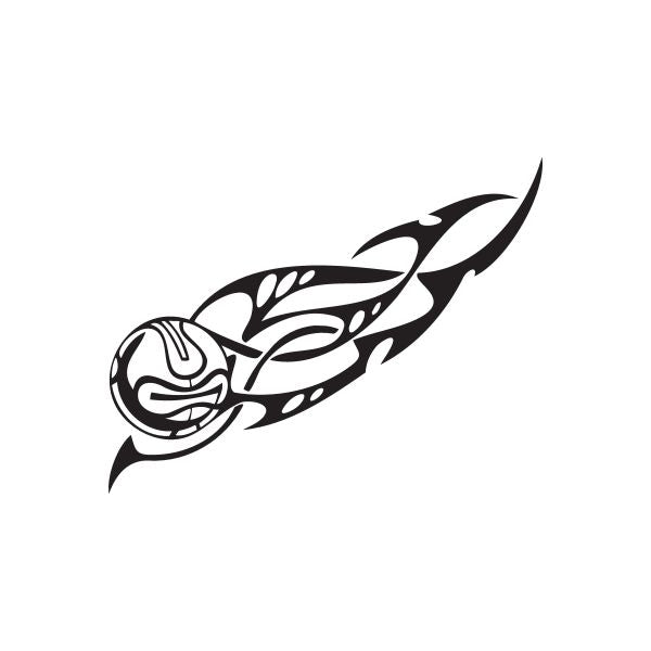 Black stylized soccer ball wall vinyl decal with tribal flame design