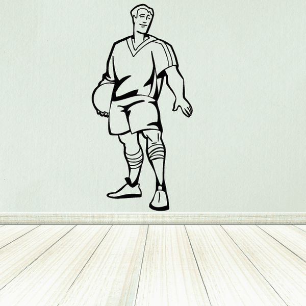 Soccer wall decal: black-and-white line-art soccer player in uniform