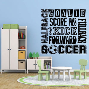 Soccer word collage wall decal with black lettering and soccer ball graphic