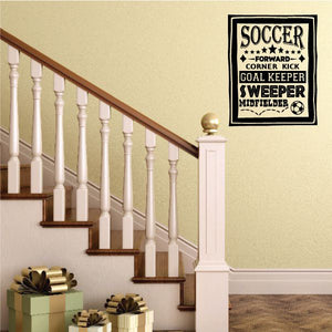 Soccer word collage decal with black square and white lettering and soccer ball icon