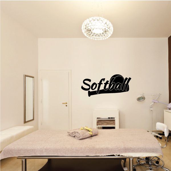 Softball word wall decal, black lettering with bat-shaped underline