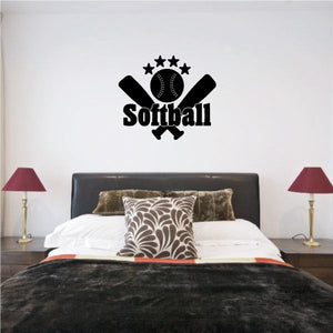 Softball decal with crossed bats, central ball, and star accents above the word Softball