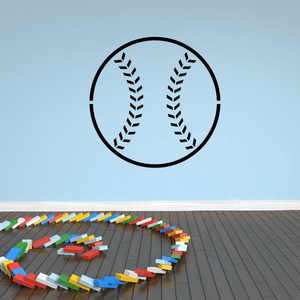 Softball decal with circular black border and white baseball stitching icon