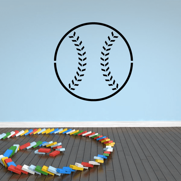 Softball decal with circular black border and white baseball stitching icon