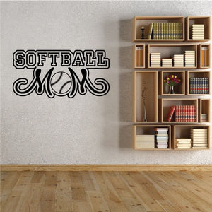 Softball mom wall decal in black and white text with a softball icon