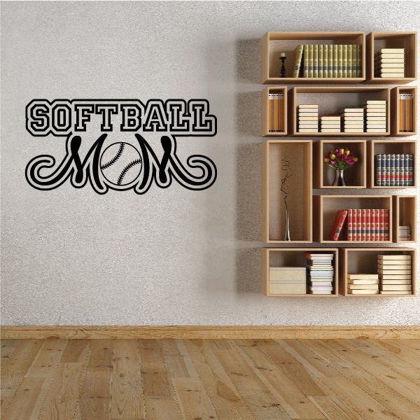 Softball mom wall decal in black and white text with a softball icon