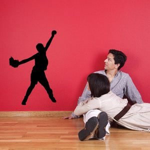 Softball pitcher wall decal, black silhouette of pitching player