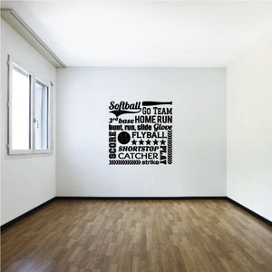 Softball word collage wall decal with baseball phrases and icons in black text