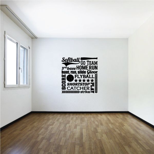 Softball word collage wall decal with baseball phrases and icons in black text