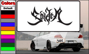 Black flame-style decal with stylized lettering on a white backing