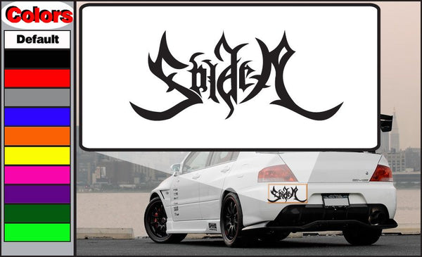 Black flame-style decal with stylized lettering on a white backing