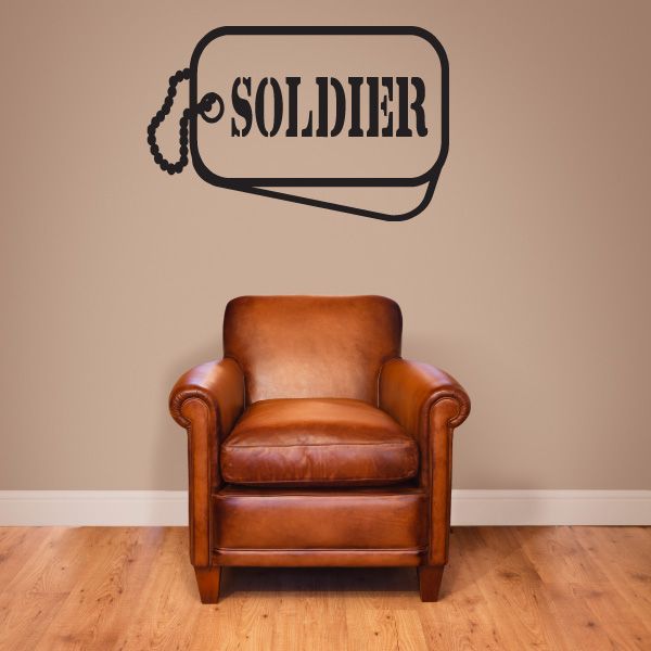Dog tag decal with chain icon and word SOLDIER in bold outlined lettering