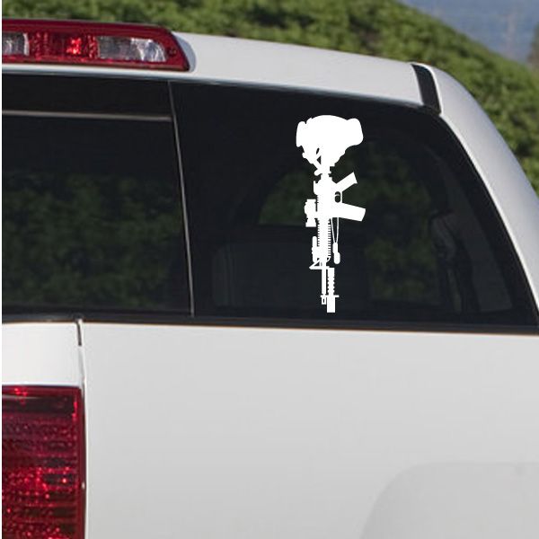 Car window soldier rifle memorial decal, white silhouette