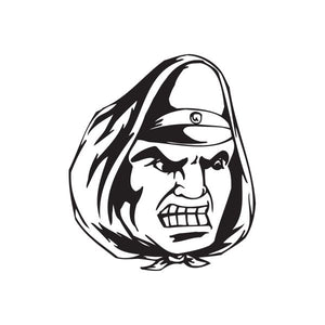 Soldier hood face decal, black-and-white illustrated face with clenched teeth