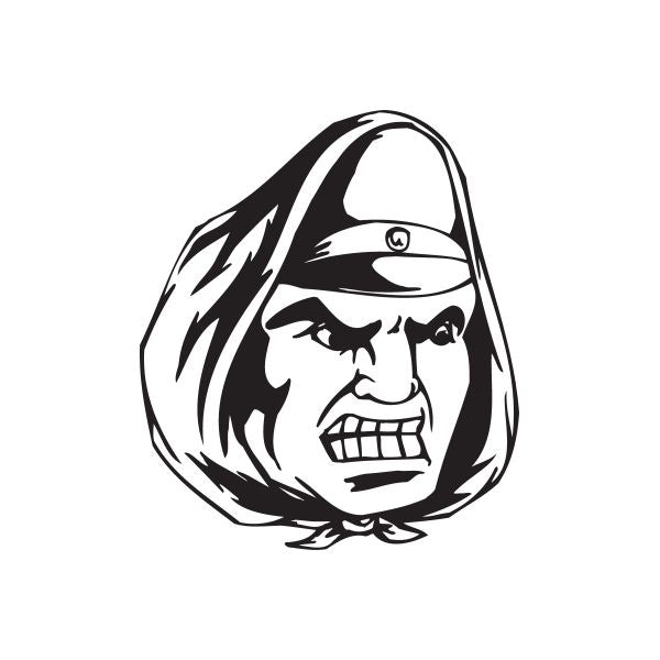 Soldier hood face decal, black-and-white illustrated face with clenched teeth