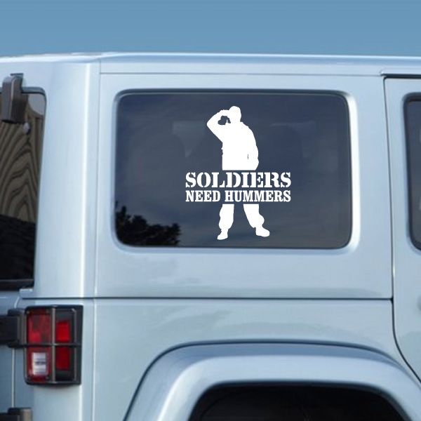 Vehicle window decal with white soldier silhouette and text SOLDIERS NEED HUMMERS