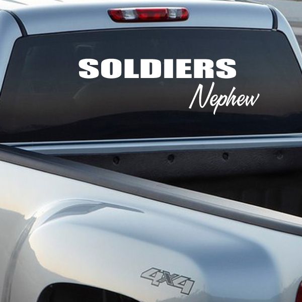Vinyl car decal with white 'SOLDIERS' and 'Nephew' script on dark hood; ZTX4 emblem