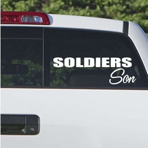 Vehicle window decal with bold 'SOLDIERS' and cursive 'Son' lettering