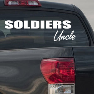 Car window decal with bold “SOLDIERS” block text and “Uncle” script