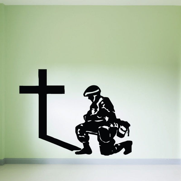 Soldier praying at cross wall decal, black silhouette