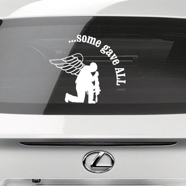 Winged soldier car decal with “some gave All” text and white winged figure