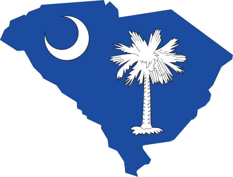 South Carolina state flag sticker, blue map with crescent moon and palmetto tree