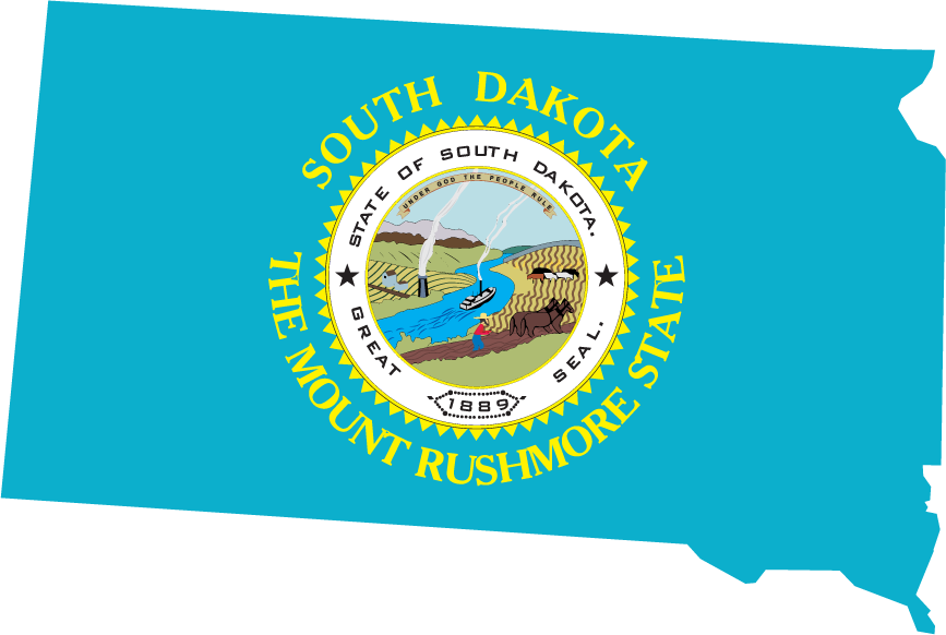 South Dakota state flag sticker with circular seal on blue state outline