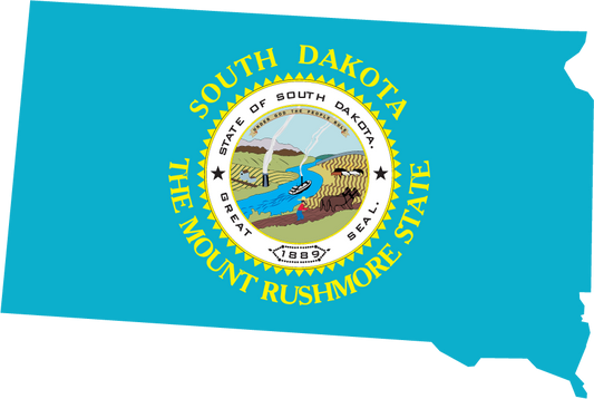 South Dakota state flag sticker with circular seal on blue state outline