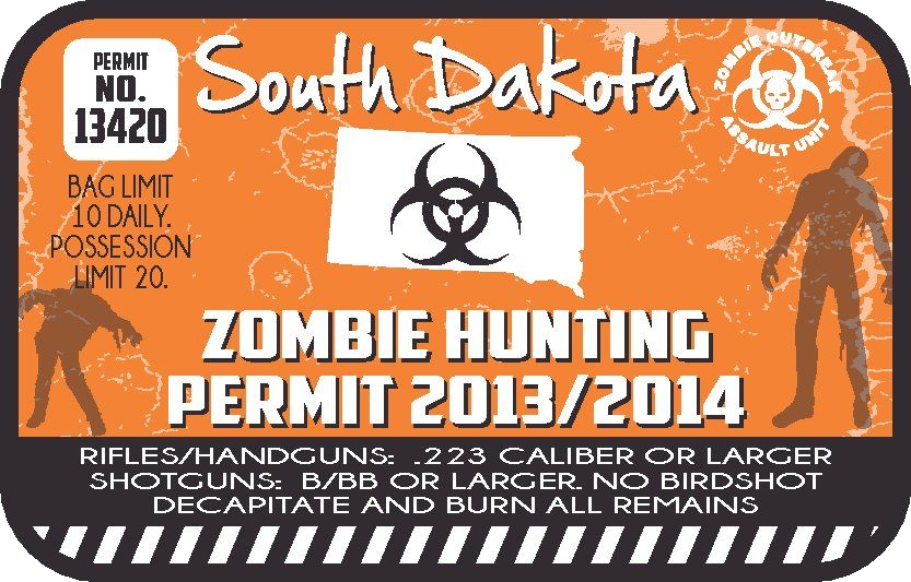 Orange zombie hunting permit sticker with South Dakota text and biohazard symbol