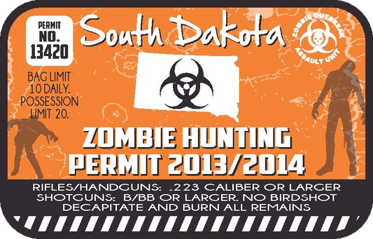 Orange zombie hunting permit sticker with South Dakota text and biohazard symbol