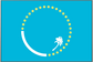 Teal flag sticker with circular ring of yellow stars, white crescent and blue figure.