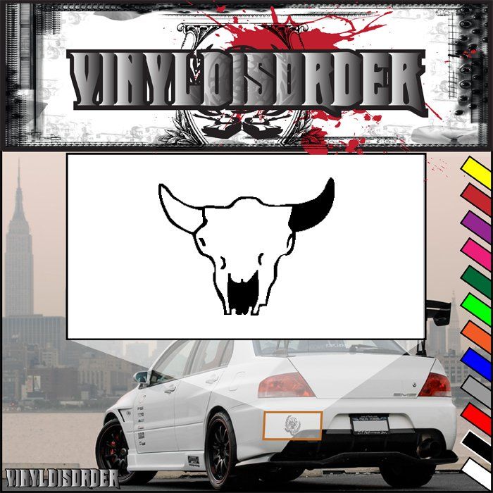 Bull skull decal with black outline on white rectangle
