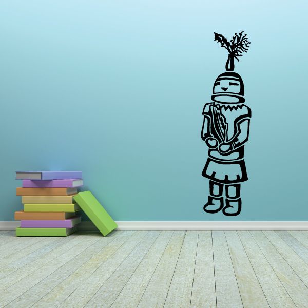 Native American doll decal, black-and-white outline figure with tall headdress and patterned clothing
