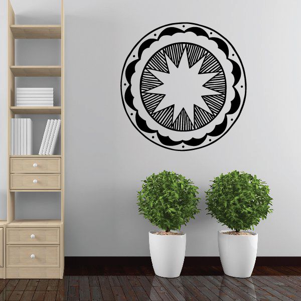 Round black-and-white sun and cloud wall decal with radiating starburst center