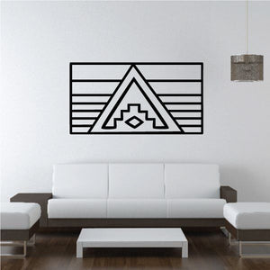 Geometric ziggurat temple wall decal, black and white line art with diamond in center