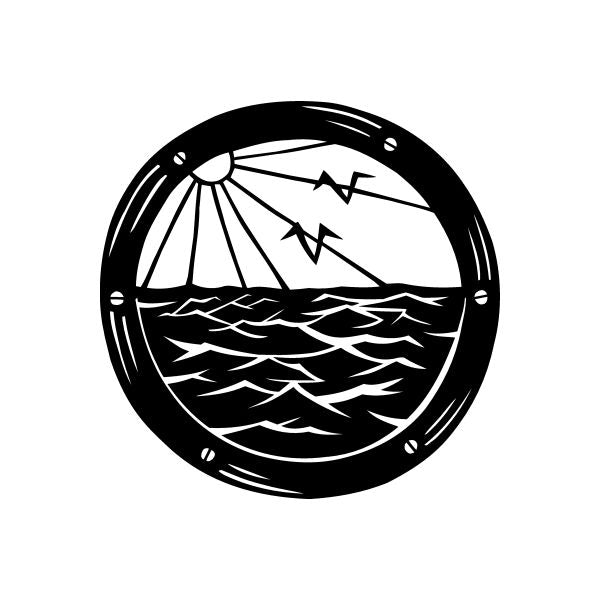 Circular black-and-white navigation decal sticker with arched lines, stars, and waves