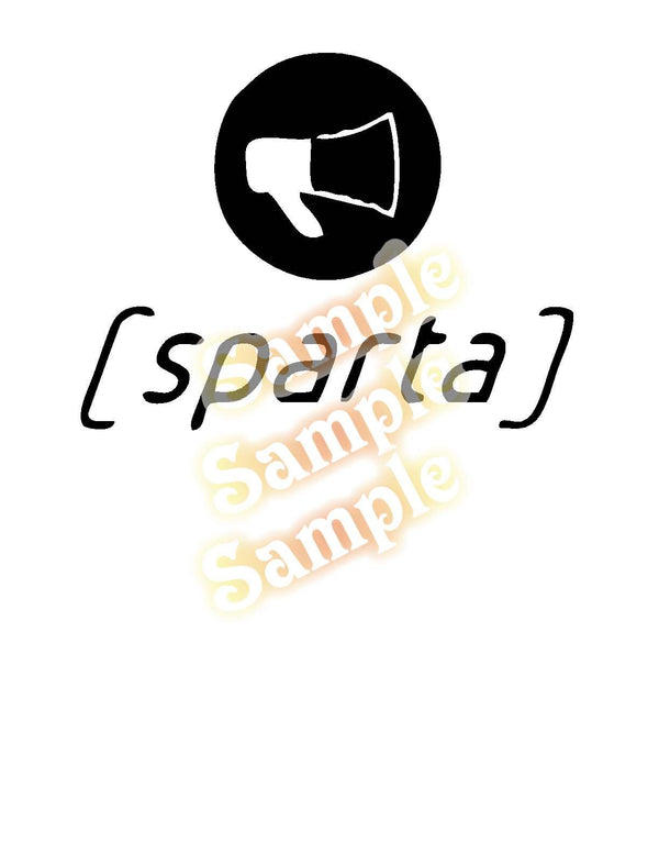 Sparta megaphone decal with black circle and white megaphone icon, outlined '(sparta)' text