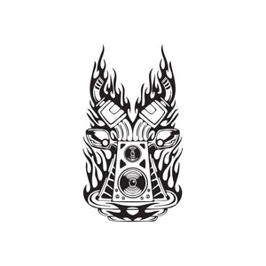 Flame and exhaust speaker vinyl decal, black and white with central circular speaker