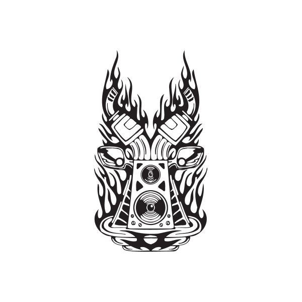Flame and exhaust speaker vinyl decal, black and white with central circular speaker