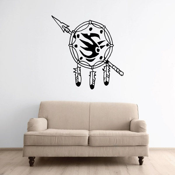 Dream catcher decal with spear and feathers, black outline line art