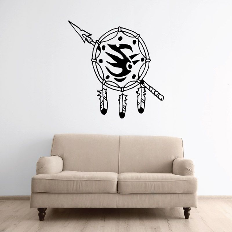 Dream catcher decal with spear and feathers, black outline line art