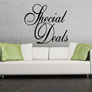 Wall decal reading "Special Deals" in black cursive script