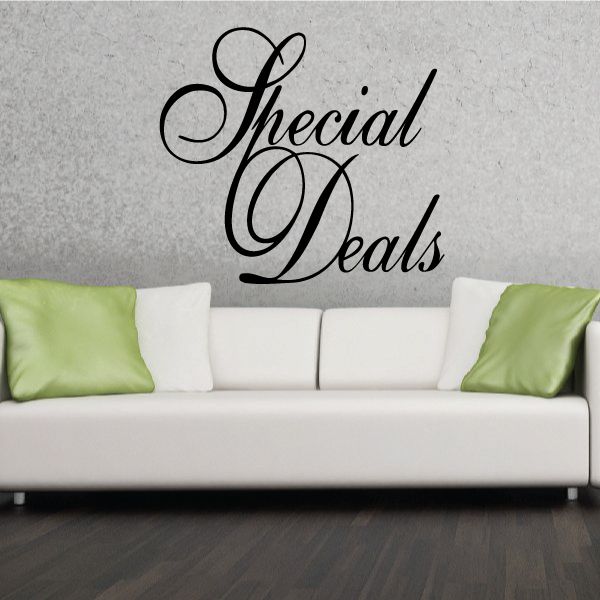 Wall decal reading "Special Deals" in black cursive script
