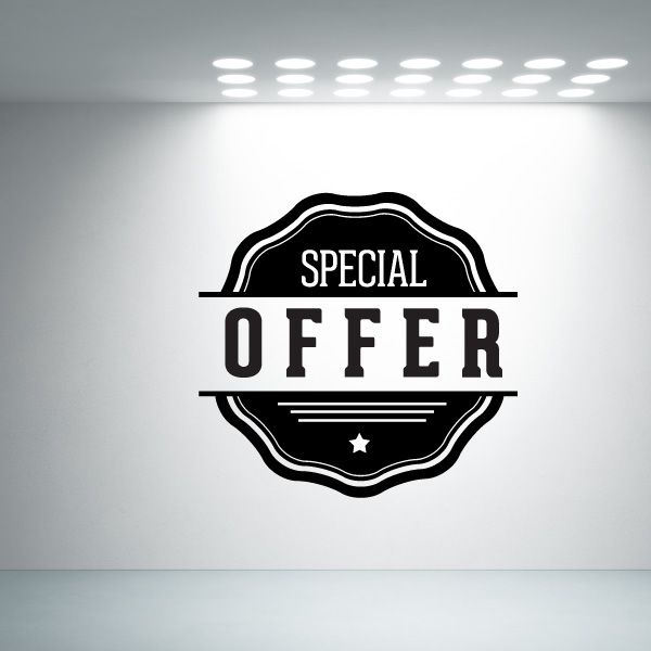 Vinyl wall decal with black Special Offer badge lettering and curved top arch