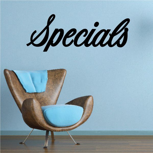Wall decal featuring Specials script and decorative chair with light blue seat pads