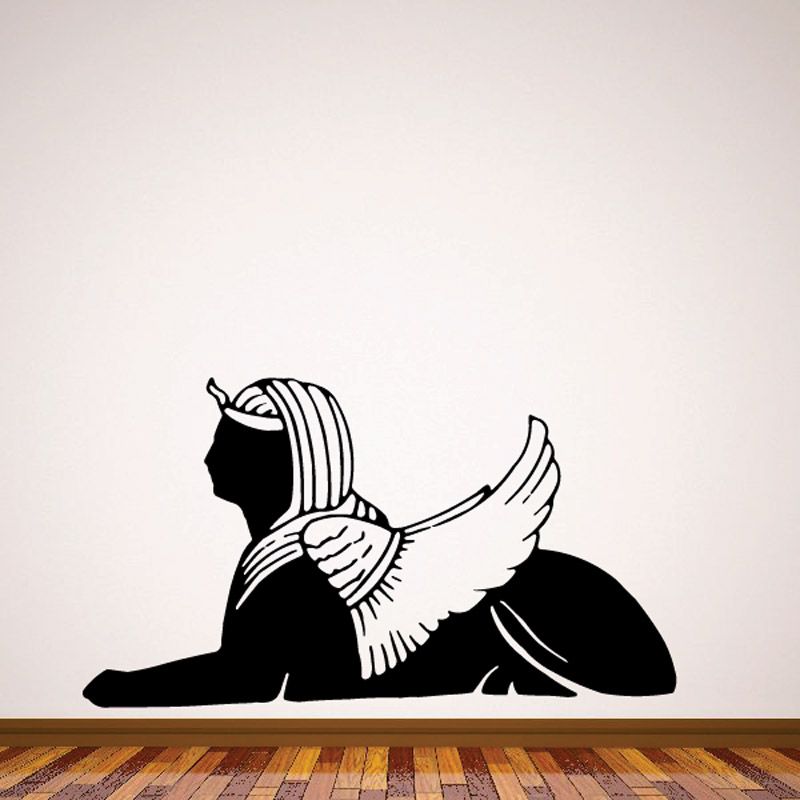 Winged sphinx lion vinyl wall decal, black silhouette with striped headdress